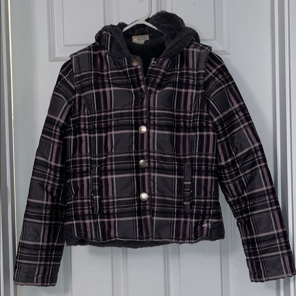 O'Neill Removable sleeves Black and Purple Plaid Jacket/vest
